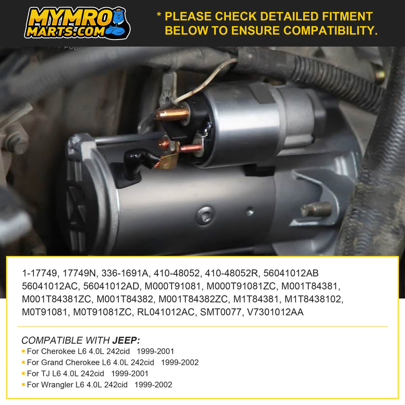 Cargue la imagen en el visor de la galería, New Starter Replacement For Jeep Cherokee Grand Cherokee TJ Wrangler 4.0 4.0L 99 00 01 02 1999 2000 2001 2002 336-1691A 56041012AB 56041012AC 56041012AD, SMT0077, 41048052, 41048052R - Electrical Parts > Starter Motor from MyMROmarts