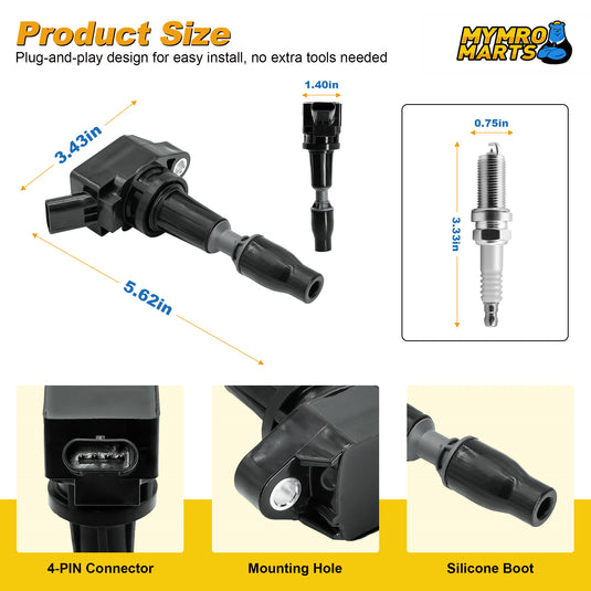 Set of 4pcs Ignition Coil Iridium Spark Plugs UF764 93175 For 2015 2016 2017 2018 2019 Hyundai Sonata Santa Fe Tucson Genesis Kia Optima Sorento Sportage Stinger 2.0L 2.4L - Electrical Parts > Other Electrical Parts > Solenoid Valve Coil from MyMROmarts