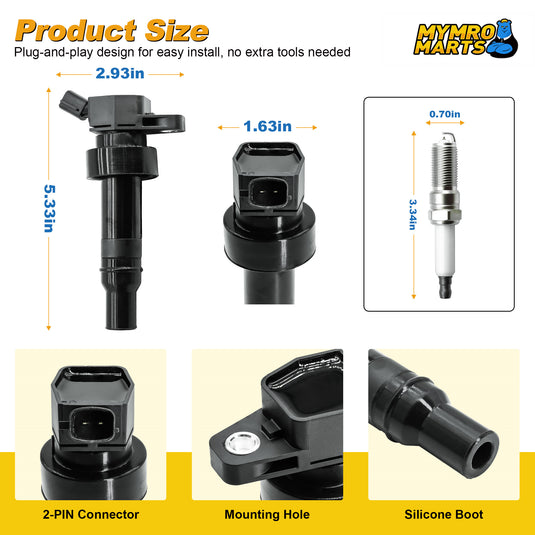 4PCS Ignition Coil UF652 273012B100 C1803 GN10634 5C1860 & Double Iridium Spark Plug 93815 for 2012-2020 HYUNDAI Accent,2012-2017 HYUNDAI Veloster - Electrical Parts > Other Electrical Parts > Solenoid Valve Coil from MyMROmarts