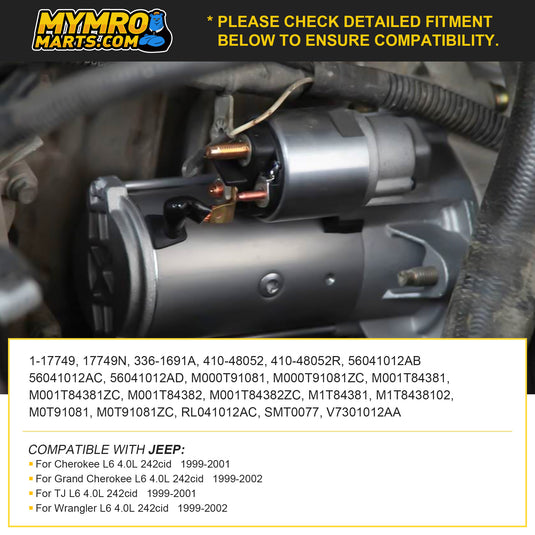 New Starter Replacement For Jeep Cherokee Grand Cherokee TJ Wrangler 4.0 4.0L 99 00 01 02 1999 2000 2001 2002 336-1691A 56041012AB 56041012AC 56041012AD, SMT0077, 41048052, 41048052R - Electrical Parts > Starter Motor from MyMROmarts