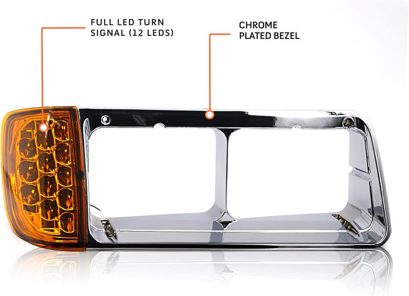 Indlæs billede i Gallery Viewer, Headlight Bezel PAIR Replacement for 1989-2002 Freightliner FLD semi Trucks with Amber LED Turn Signal Light Assembly DOT SAE Approved Driver Left Passenger Right Side Set 3 Wires (TR039) from MyMROmarts
