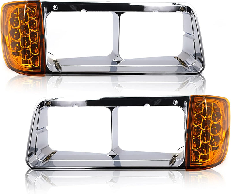 Indlæs billede i Gallery Viewer, Headlight Bezel PAIR Replacement for 1989-2002 Freightliner FLD semi Trucks with Amber LED Turn Signal Light Assembly DOT SAE Approved Driver Left Passenger Right Side Set 3 Wires (TR039) from MyMROmarts
