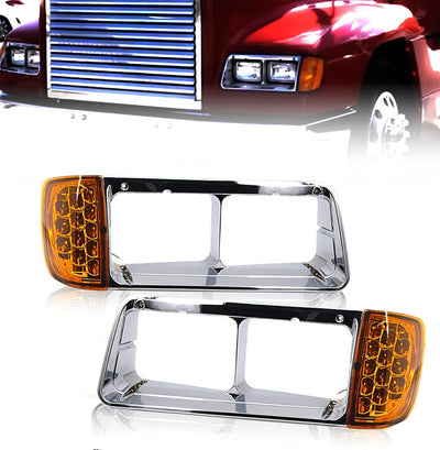 Headlight Bezel PAIR Replacement for 1989-2002 Freightliner FLD semi Trucks with Amber LED Turn Signal Light Assembly DOT SAE Approved Driver Left Passenger Right Side Set 3 Wires (TR039) from MyMROmarts