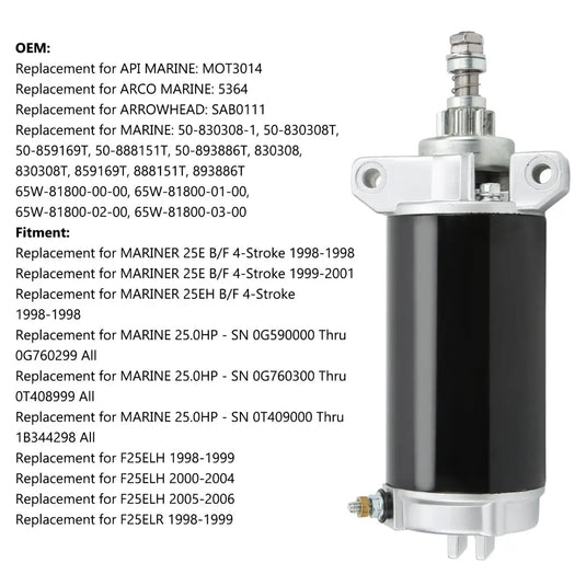New Starter Replacement For 1998-2008 OUTBOARD YAMAHA, MARINER, MERCURY 25HP 30HP 40HP 50-830308-1, 50830308T, 65W-81800-00, 50-859169T, 6767540MO30SM, SAB0111, 41021028 - Electrical Parts > Starter Motor from MyMROmarts